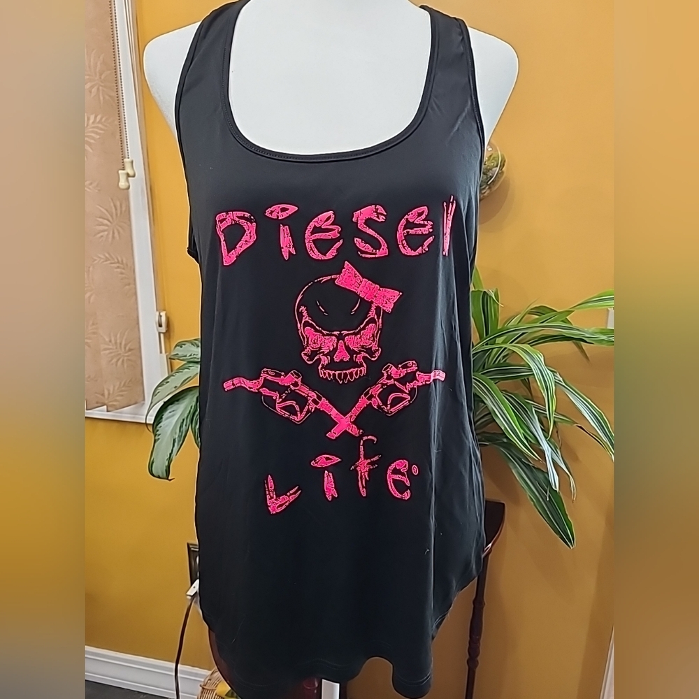 Diesel Life Ladies Skull & Pumps Black and Pink Tank Size XL